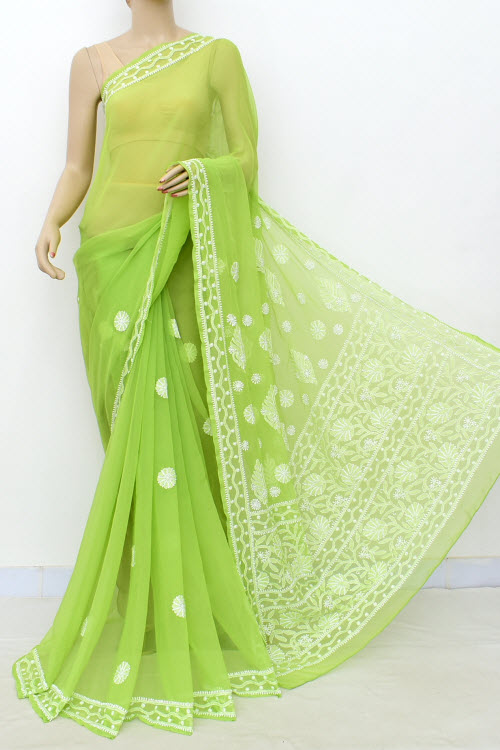 Pista Green Hand Embroidered Lucknowi Chikankari Saree (With Blouse - Georgette) 15006