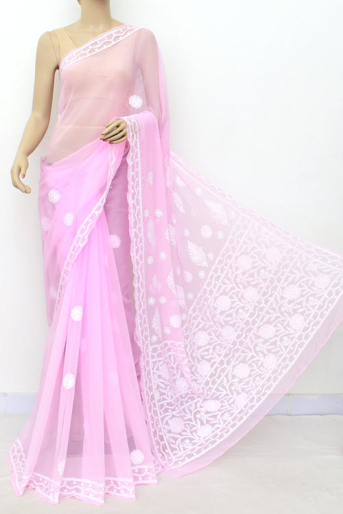 Pink Hand Embroidered Lucknowi Chikankari Saree (With Blouse - Georgette) 15002