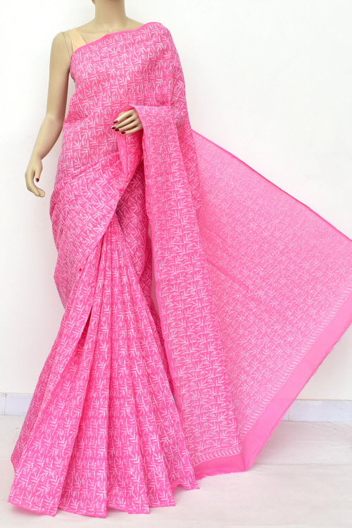 Onion Allover Hand Embroidered Tepchi Work Lucknowi Chikankari Saree (With Blouse - Cotton) 15097