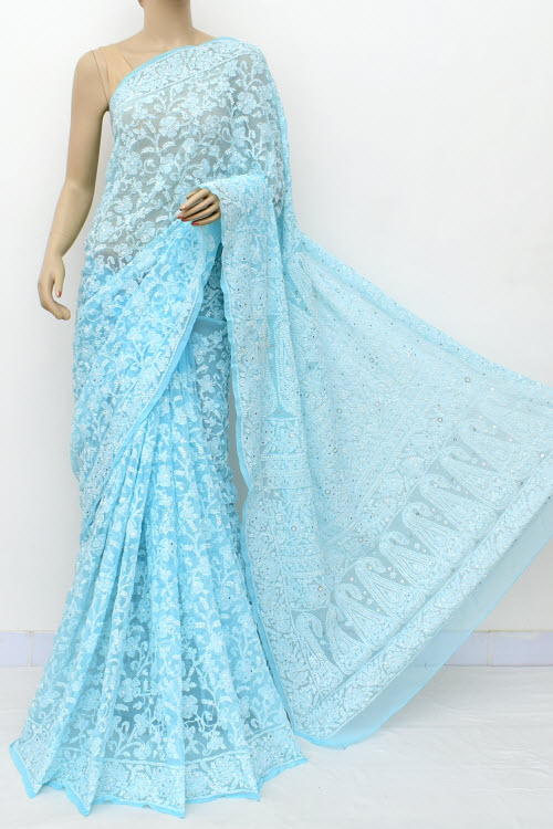 Sky Blue Allover Hand Embroidered with Fine Mukaish Work Lucknowi Chikankari Saree (With Blouse - Faux Georgette) 14964 (A Bridal Collection)