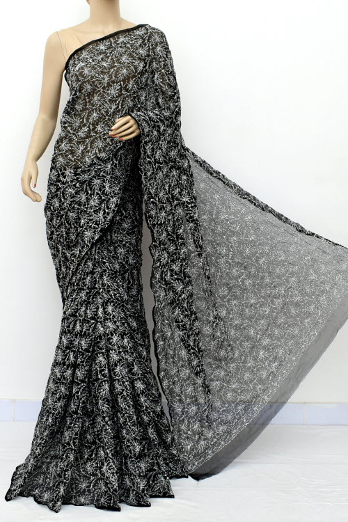 Black Tepchi Hand Chikankari Pure Georgette Saree with Blouse Fabric