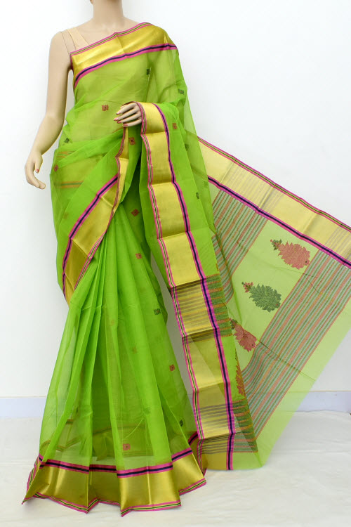 Parrot Green Exclusive Handwoven Bengal Tant Cotton Saree (With Blouse) Zari Border 17603