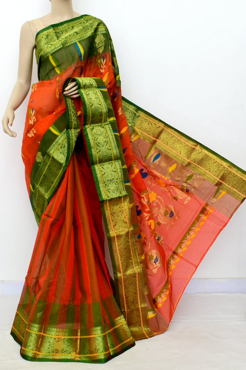 Orange Green Exclusive Handwoven Bengal Tant Cotton Saree (Without Blouse) Zari Border 17528