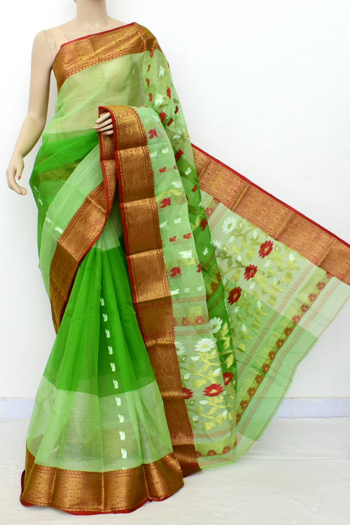 Green Exclusive Handwoven Bengal Tant Cotton Saree (Without Blouse) Red Zari Border 17514