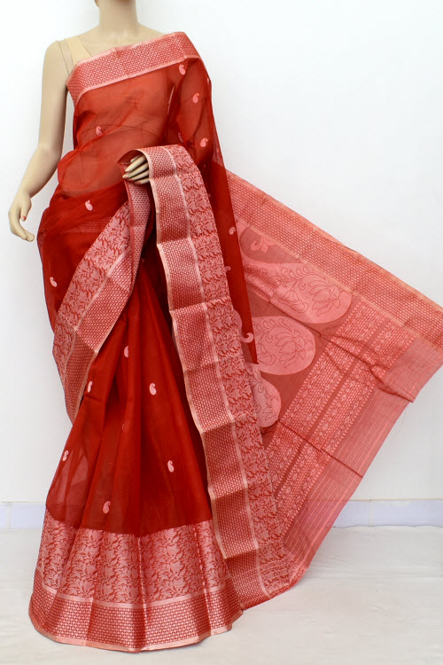 Rust Designer Handwoven Bengal Tant Cotton Saree (Without Blouse) Resham Border 17436