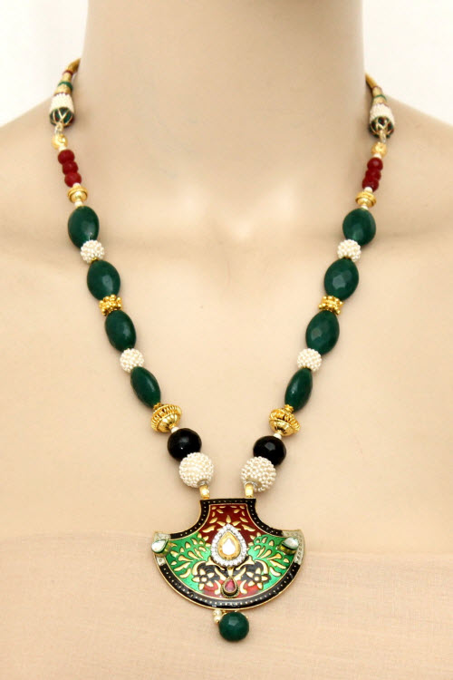 Green Designer Kantha Necklace Set (With Earrings) 11196