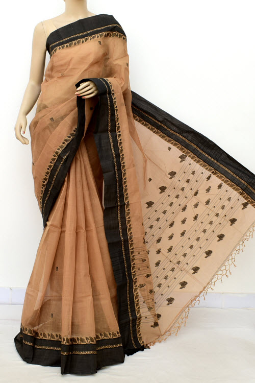 Fawn Exclusive Handwoven Bengal Tant Cotton Saree (With Blouse) Resham Border 17576