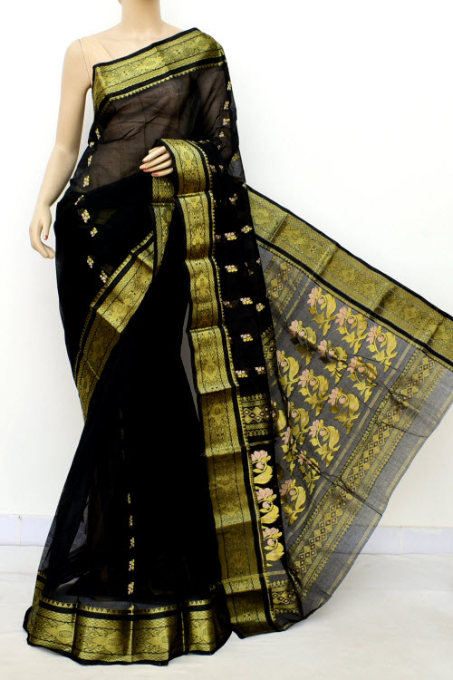 Black Handwoven Bengal Tant Cotton Saree (Without Blouse) Zari Border 17141