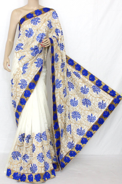 White and Blue Exclusive Embroidered Saree (With Blouse) 13297