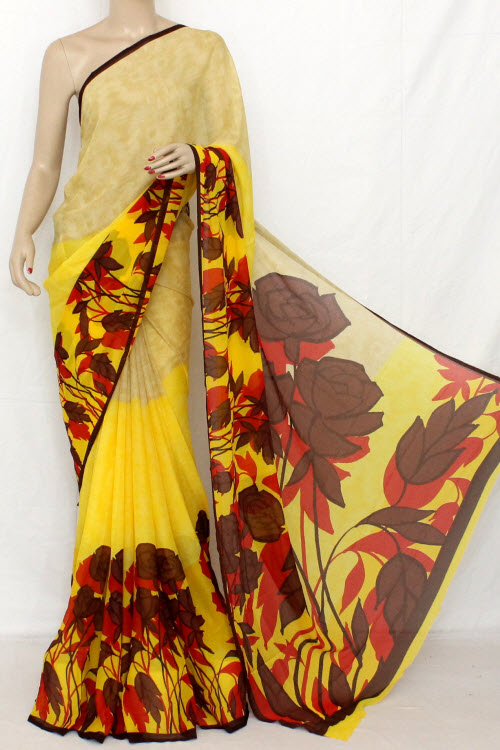 Deep Yellow Printed Fine Quality Wrinkle Georgette Saree (With Blouse) 13304