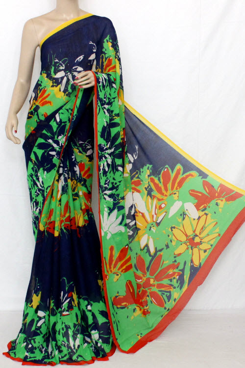 Nevy Blue Printed Fine Quality Wrinkle Georgette Saree (With Blouse) 13306