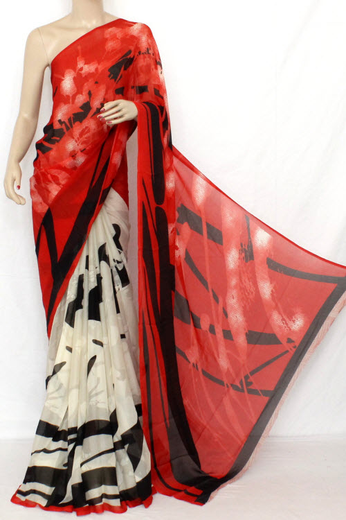 Off White - Red Printed Fine Quality Wrinkle Georgette Saree (With Blouse) 13307