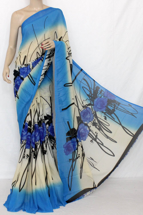 Blue - Off White Printed Fine Quality Wrinkle Georgette Saree (With Blouse) 13310