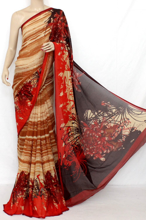 Maroon - Brown Printed Fine Quality Wrinkle Georgette Saree (With Blouse) 13314