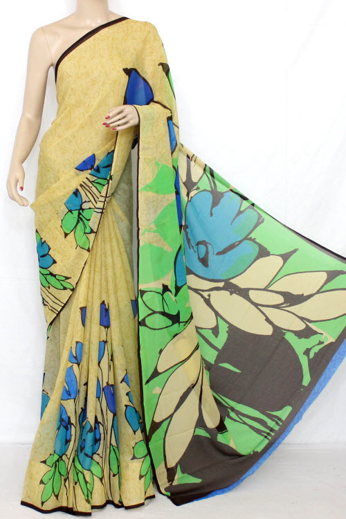 Fawn - Green Printed Fine Quality Georgette Saree (With Blouse) 13317