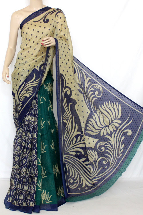 Blue - Sea Green Exclusive Manipuri Check Printed Art Silk Saree (With Blouse) 13320