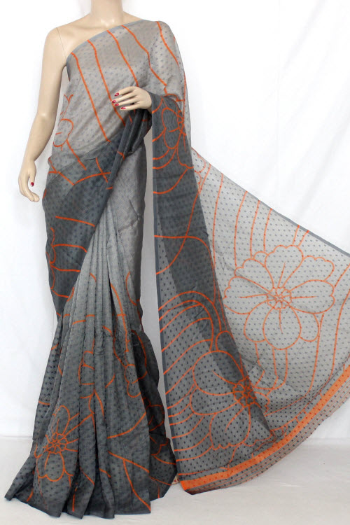 Grey Exclusive Manipuri Check Printed Art Silk Saree (With Blouse) 13324