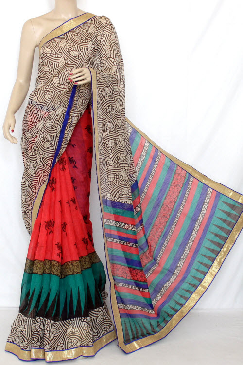 Red - Blue Designer Cotton Taspa Half-Half Printed Saree (With Blouse) 13325