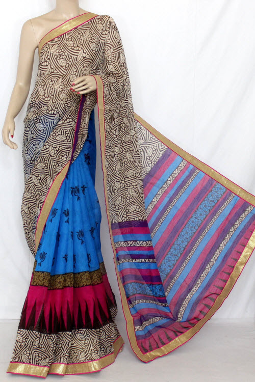 Pherozi - Purple Designer Cotton Taspa Half-Half Printed Saree (With Blouse) 13326