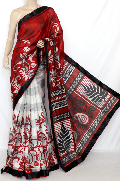 Red & White Designer Printed Cot - Silk Saree (With Blouse) 13329