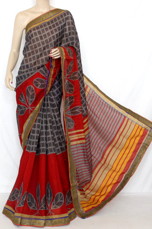 Grey Red Designer Printed Cot - Silk Saree (With Contrast Blouse) 13331