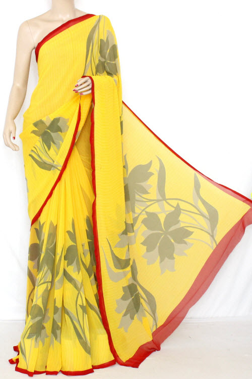 Yellow Printed Fine Quality Georgette Saree (With Contrast Blouse) 13334