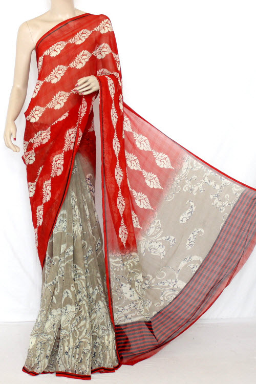 Fawn - Red Printed Fine Quality Georgette Saree (With Contrast Blouse) 13336