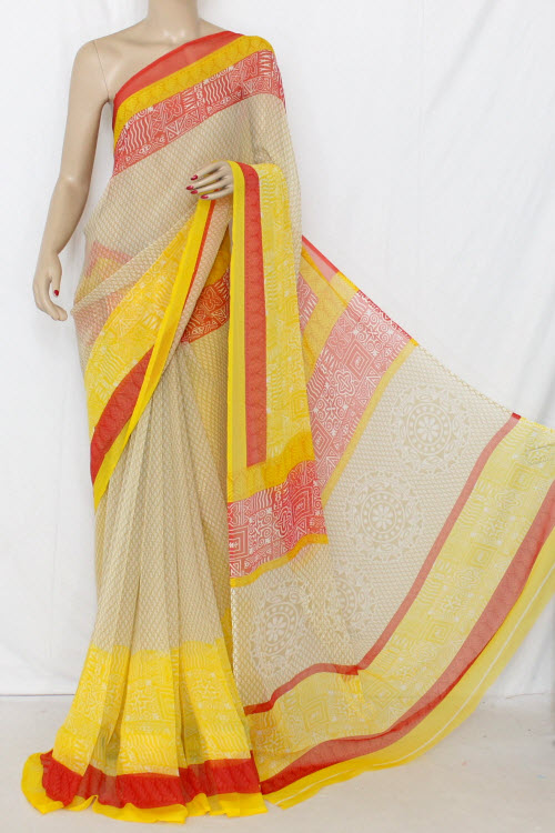 Yellow Printed Dx Quality Chiffon Saree (With Blouse) 13341