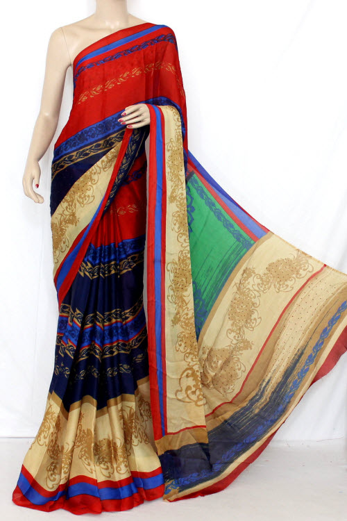Nevy Blue-Red Printed Silk Saree (With Blouse) 13345