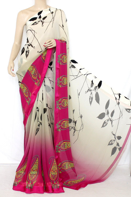 Rani-Fawn Half-Half Printed Dx Quality Faux Georgette Saree (With Blouse) 13347