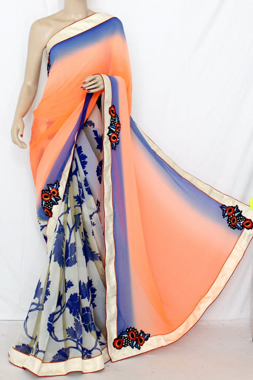 Orange & Blue Half-Half Saree Georgette Fabric (With attached Blouse) 13350