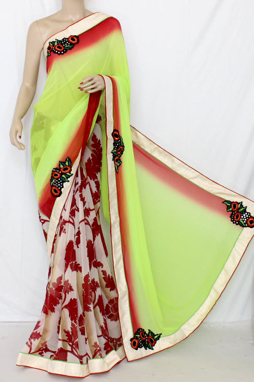 Parrot Green & Maroon Half-Half Saree Georgette Fabric (With attached Blouse) 13351