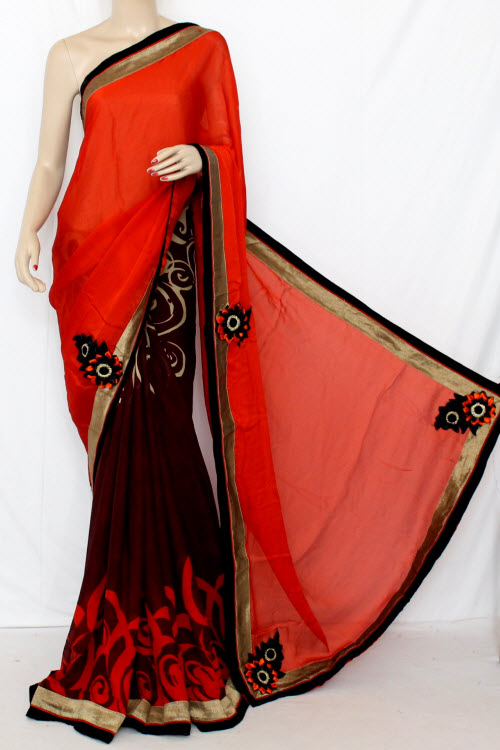 Rust & Coffee Half-Half Saree Georgette Fabric (With attached Blouse) 13353