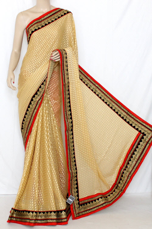 Fawn Exclusive Embroidered Saree Brasso Silk Fabric (With Contrast Red Blouse) 13367