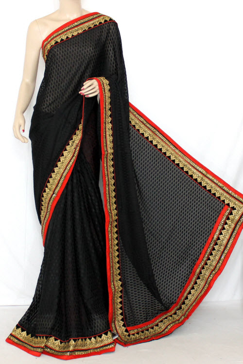 Black Exclusive Embroidered Saree Brasso Silk Fabric (With Contrast Red Blouse) 13368