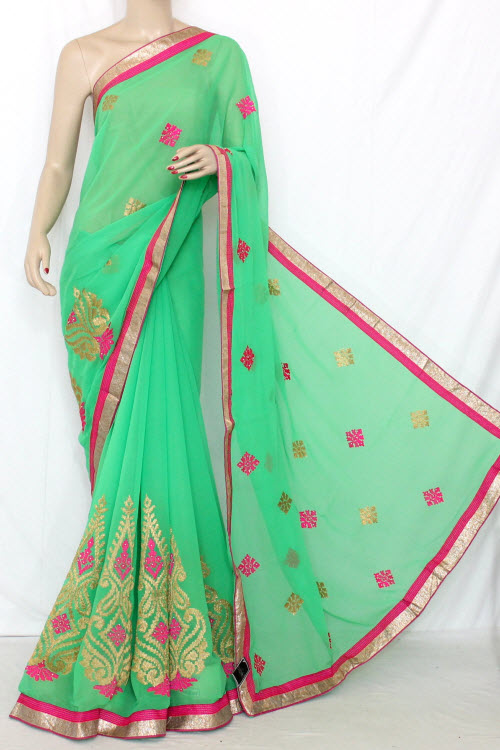 Parrot Green Exclusive Embroidered Saree Dupion Silk Fabric (With attached Blouse) 13369