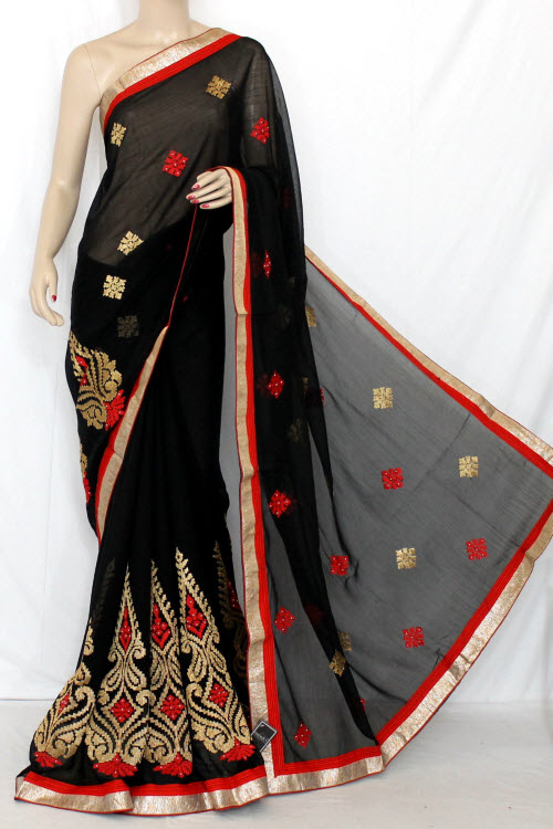 Black Exclusive Embroidered Saree Dupion Silk Fabric (With attached Blouse) 13370