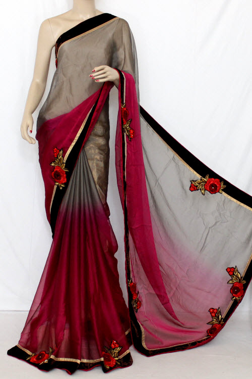 Fawn & Magenta Floral Motifs Shaded Saree Georgette Fabric (With attached Golden Blouse) 13372