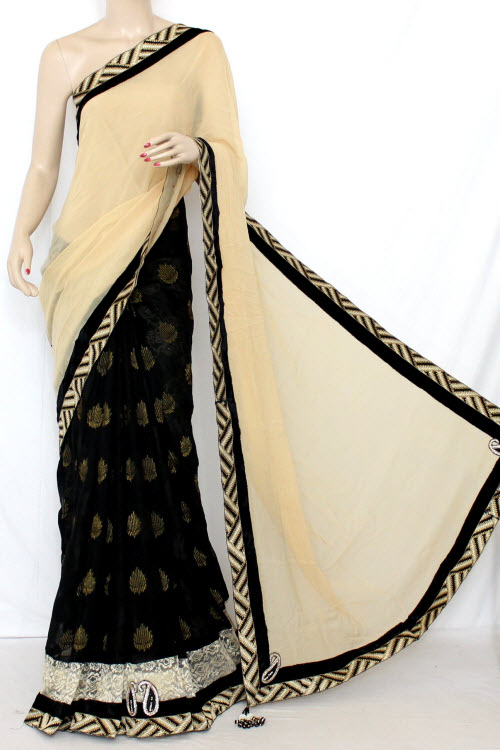 Fawn & Black Half-Half Saree Georgette Fabric (With attached Blouse) 13373