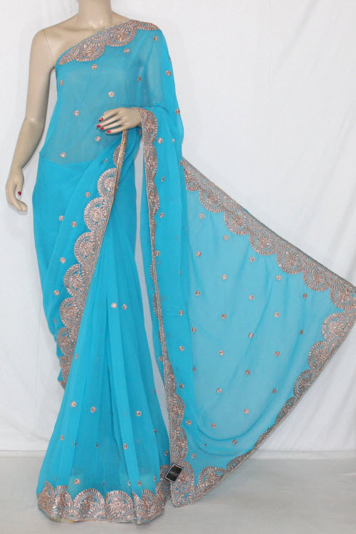 Pherozi Blue Embroidered Crepe Georgette Fabric (With Unstitched Blouse) 13390