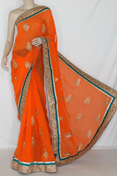Orange Exclusive Embroidered Saree Crepe Georgette Fabric (With Contrast Blouse) 13391