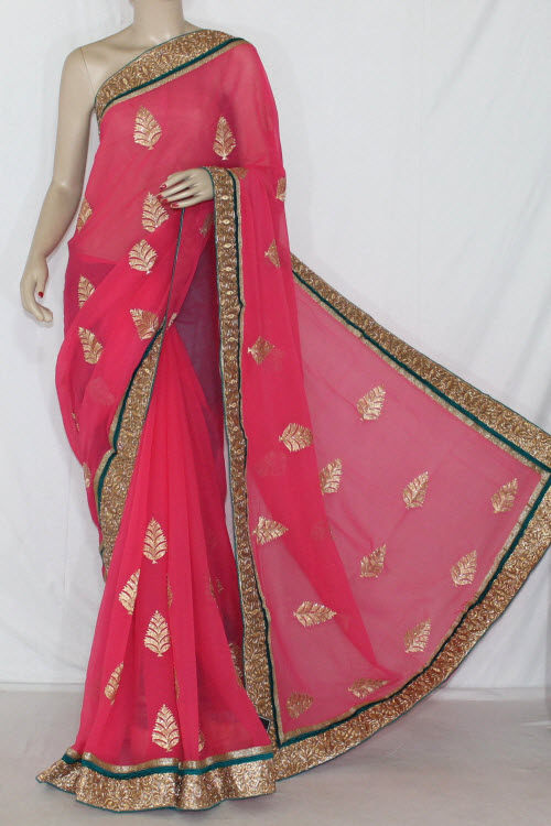 Rani Color Exclusive Embroidered Saree Crepe Georgette Fabric (With Contrast Blouse) 13392