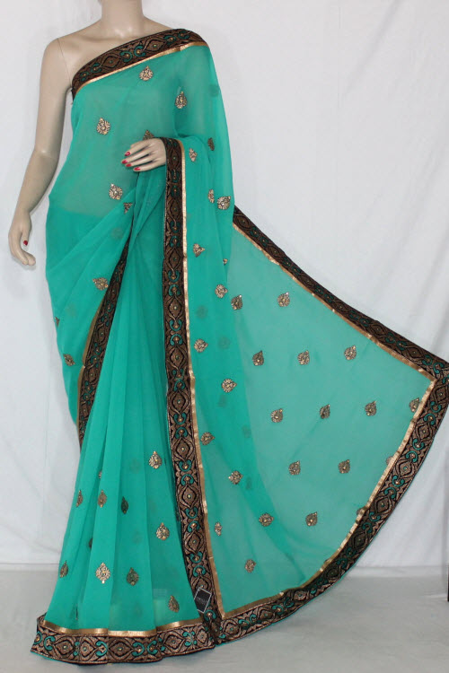 Green Exclusive Embroidered Saree Crepe Georgette Fabric (With Unstitched Blouse) 13393