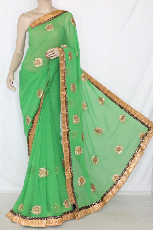 Parrot Green Embroidered Saree Crepe Georgette Fabric (With Unstitched Blouse) 13395