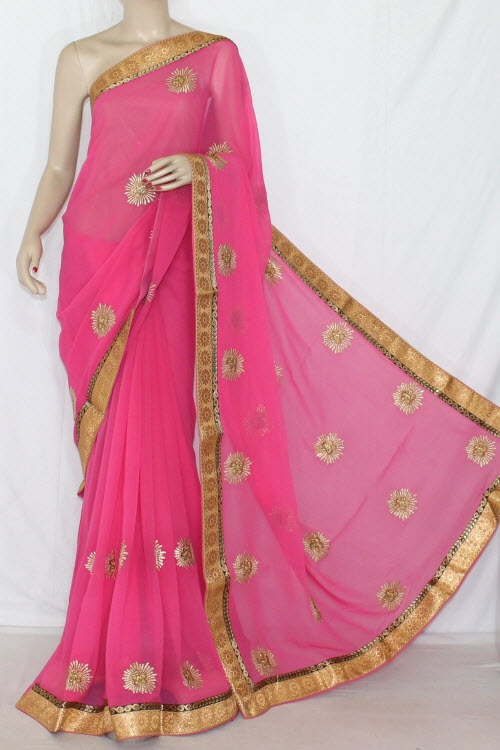 Pink Embroidered Saree Crepe Georgette Fabric (With Unstitched Blouse) 13396