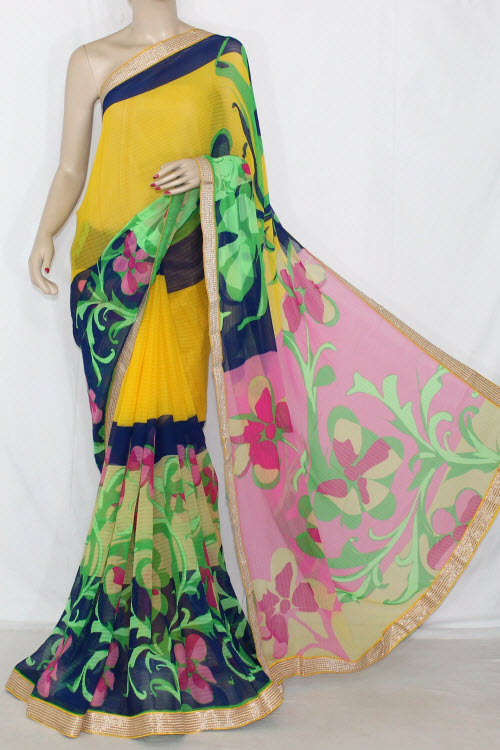 Golden Yellow Green Multi-color Printed Georgette Saree (With Blouse) 13397