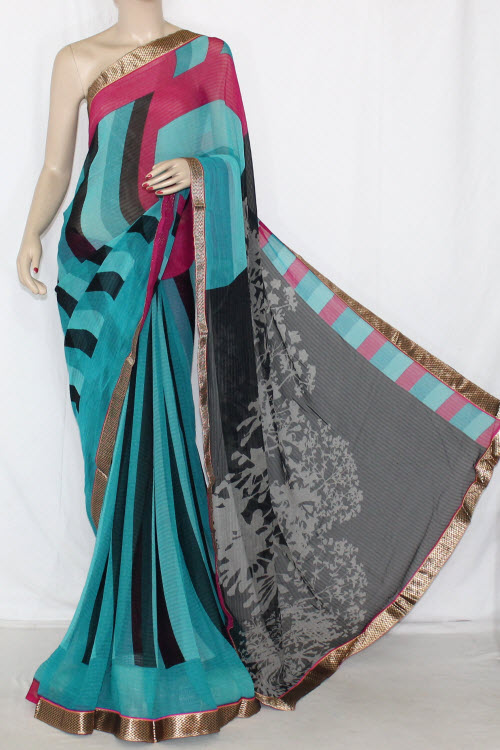 Sea Green Black Printed Georgette Saree (With Contrast Blouse) 13398