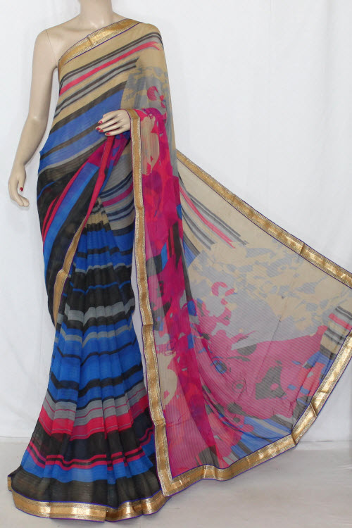 Grey Rani Blue Printed Georgette Saree (With Contrast Blouse) 13400