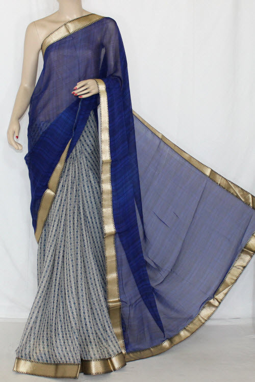 Blue Grey Half-Half Printed Silk Feel Saree (With Blouse) 13401