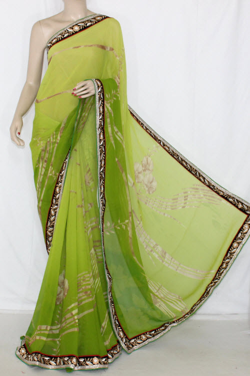 Menhdi Green Shaded Printed Semi-Chiffon Saree (With Blouse) 13407